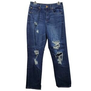 Rue21 Distressed High Rise Straight Leg Jeans Size 8 Dark Wash Ripped Denim‎
